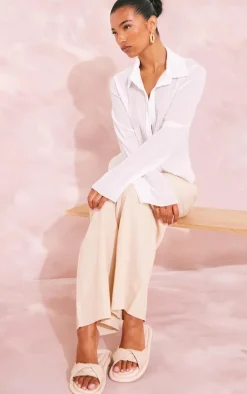 Cream Wide Fit Real Leather Round Toe Thick Woven Strap Flat Sandals