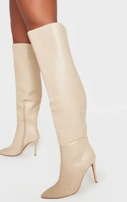 Cream Wide Fit Weave Pu Point Toe Over The Knee Heeled Boots