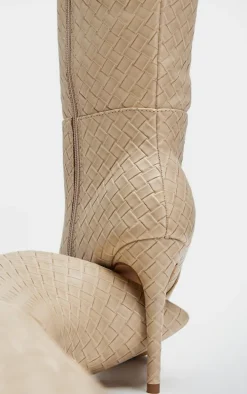 Cream Wide Fit Weave Pu Point Toe Over The Knee Heeled Boots