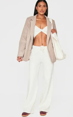 Cream Wide Leg Brushed Rib Drawstring Pants