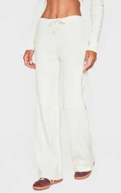 Cream Wide Leg Brushed Rib Drawstring Pants