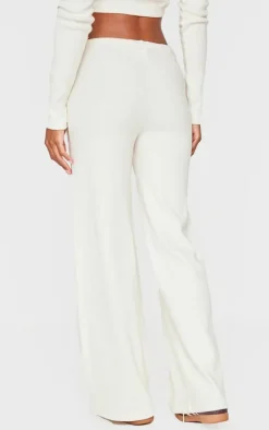 Cream Wide Leg Brushed Rib Drawstring Pants