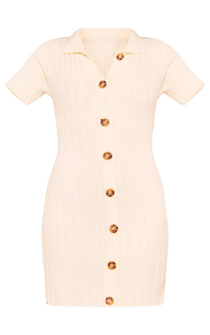 Cream Wide Rib Knit Button Mini Dress