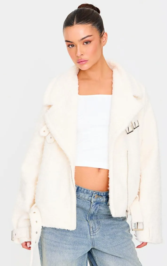 Cream Wool Look Aviator Jacket