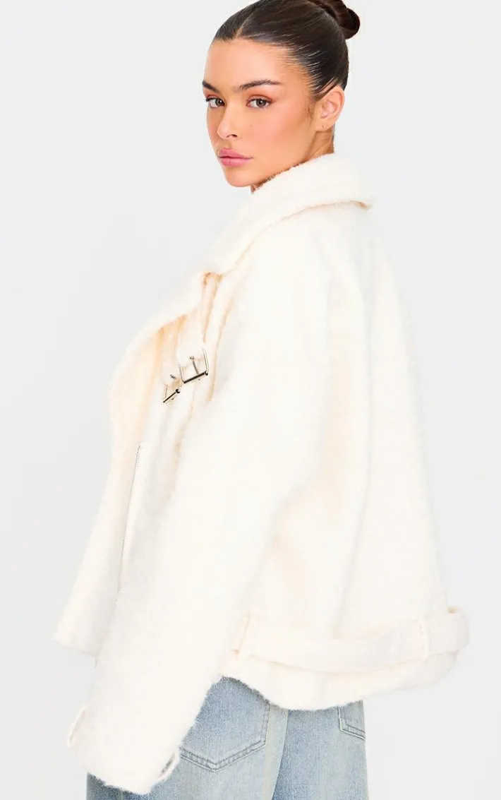 Cream Wool Look Aviator Jacket