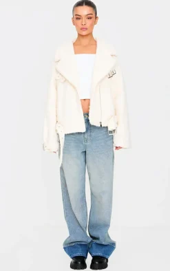 Cream Wool Look Aviator Jacket