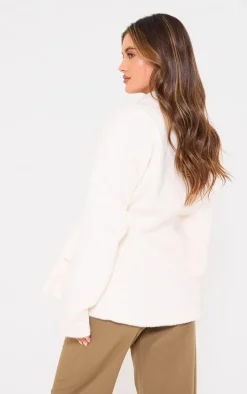 Cream Wool Look Cinched Waist Structured Blazer