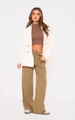 Cream Wool Look Cinched Waist Structured Blazer