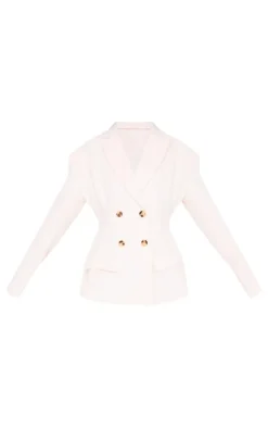 Cream Wool Look Cinched Waist Structured Blazer
