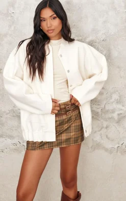 Cream Wool Look Longline Bomber Jacket