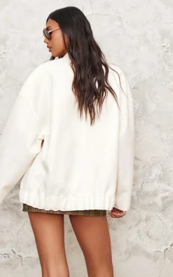 Cream Wool Look Longline Bomber Jacket