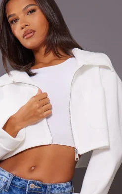 Cream Wool Look Pocket Detail Cropped Jacket