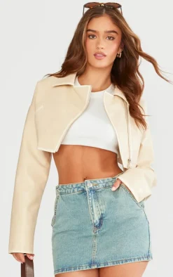 Cream Worn Faux Leather Boxy Cropped Jacket