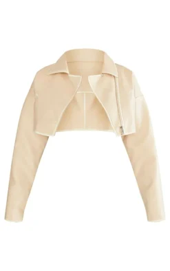 Cream Worn Faux Leather Boxy Cropped Jacket