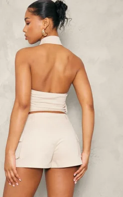 Cream Woven Cargo High Neck Fitted Top