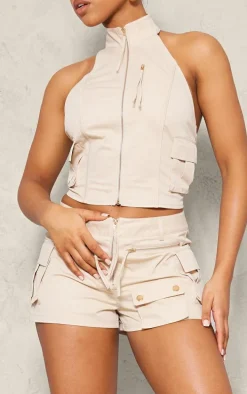 Cream Woven Cargo High Neck Fitted Top