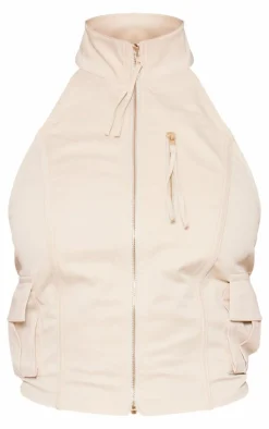 Cream Woven Cargo High Neck Fitted Top