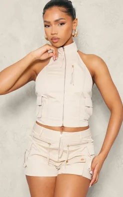 Cream Woven Cargo Zip Front Hot Pants
