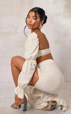 Cream Woven Cinched Puff Long Sleeve Tie Front Bralet