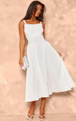 Cream Woven Corset Lace Detail Midi Dress