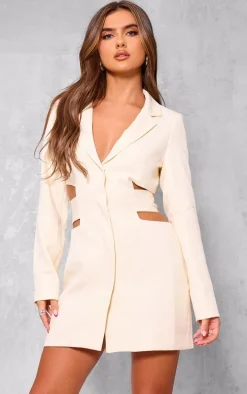 Cream Woven Cut Out Tie Back Blazer Dress