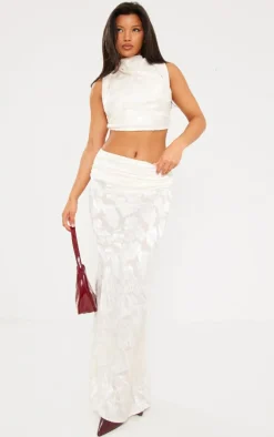 Cream Woven Floral Low Rise Fishtail Maxi Skirt