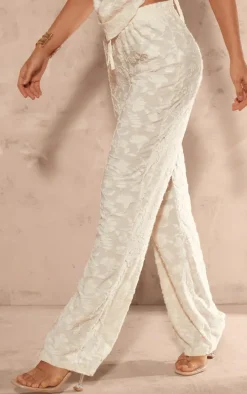 Cream Woven Floral Mid Rise Wide Leg Pants