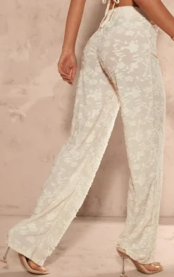 Cream Woven Floral Mid Rise Wide Leg Pants
