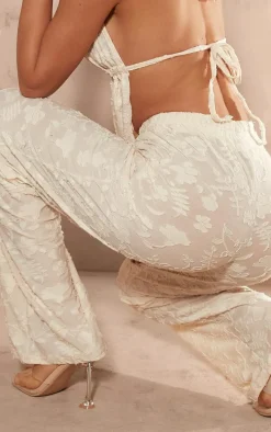 Cream Woven Floral Mid Rise Wide Leg Pants