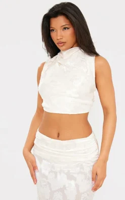 Cream Woven Floral Sleeveless Tie Back Crop Top