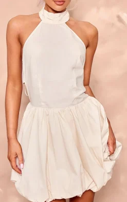 Cream Woven High Neck Tie Back Puff Ball Dress