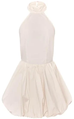 Cream Woven High Neck Tie Back Puff Ball Dress