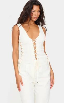 Cream Woven Lace Up Detail Plunge Sleeveless Top