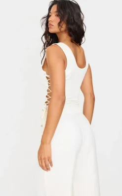 Cream Woven Lace Up Detail Plunge Sleeveless Top