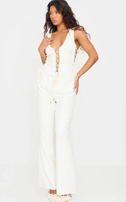 Cream Woven Lace Up Detail Plunge Sleeveless Top