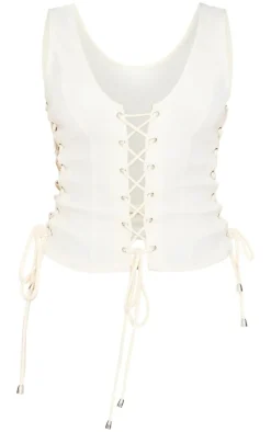 Cream Woven Lace Up Detail Plunge Sleeveless Top