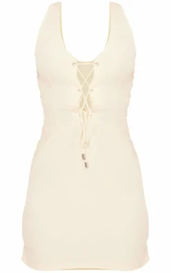 Cream Woven Lace Up Detail Strappy Bodycon Dress