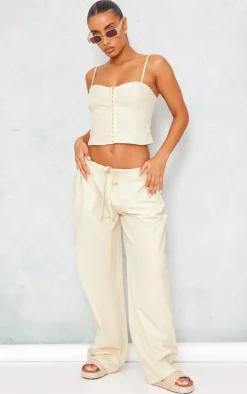 Cream Woven Low Rise Drawstring Wide Leg Pants