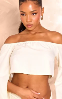 Cream Woven Off The Shoulder Split Sleeve Top