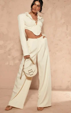 Cream Woven Pleated Low Rise Wide Leg Pants