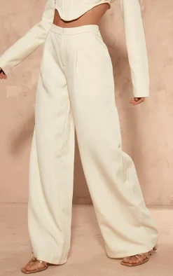 Cream Woven Pleated Low Rise Wide Leg Pants