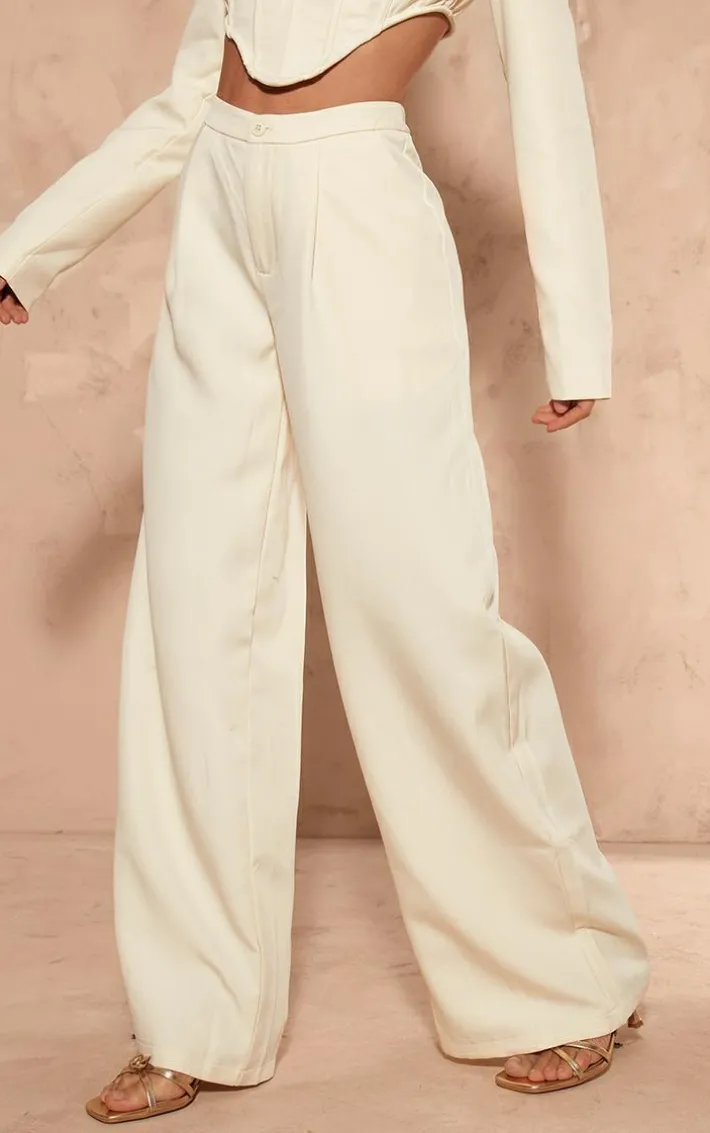 Cream Woven Pleated Low Rise Wide Leg Pants