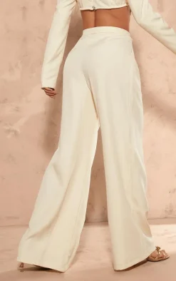 Cream Woven Pleated Low Rise Wide Leg Pants