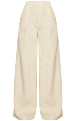 Cream Woven Pleated Low Rise Wide Leg Pants