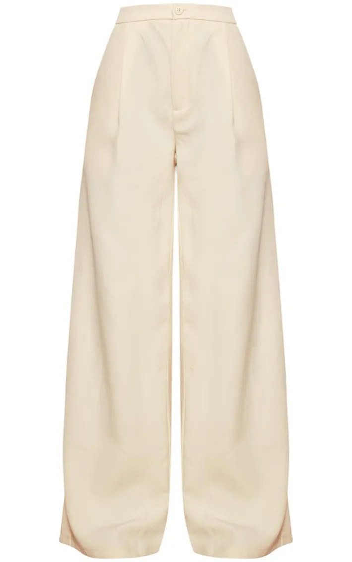 Cream Woven Pleated Low Rise Wide Leg Pants