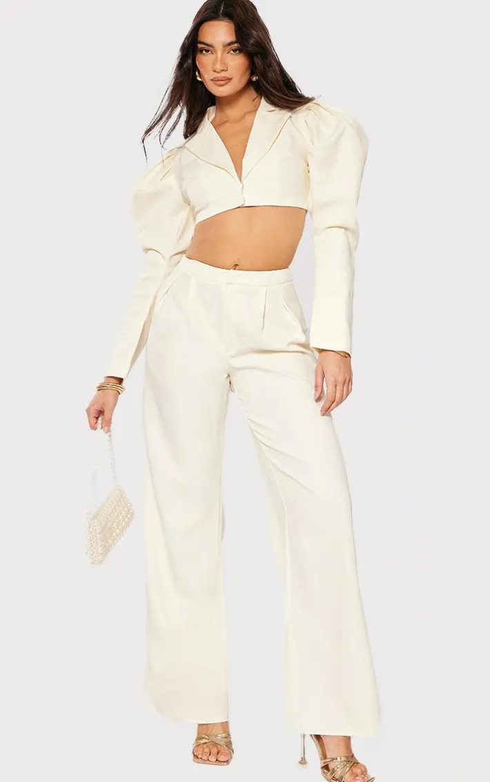 Cream Woven Pleated Mid Rise Wide Leg Pants