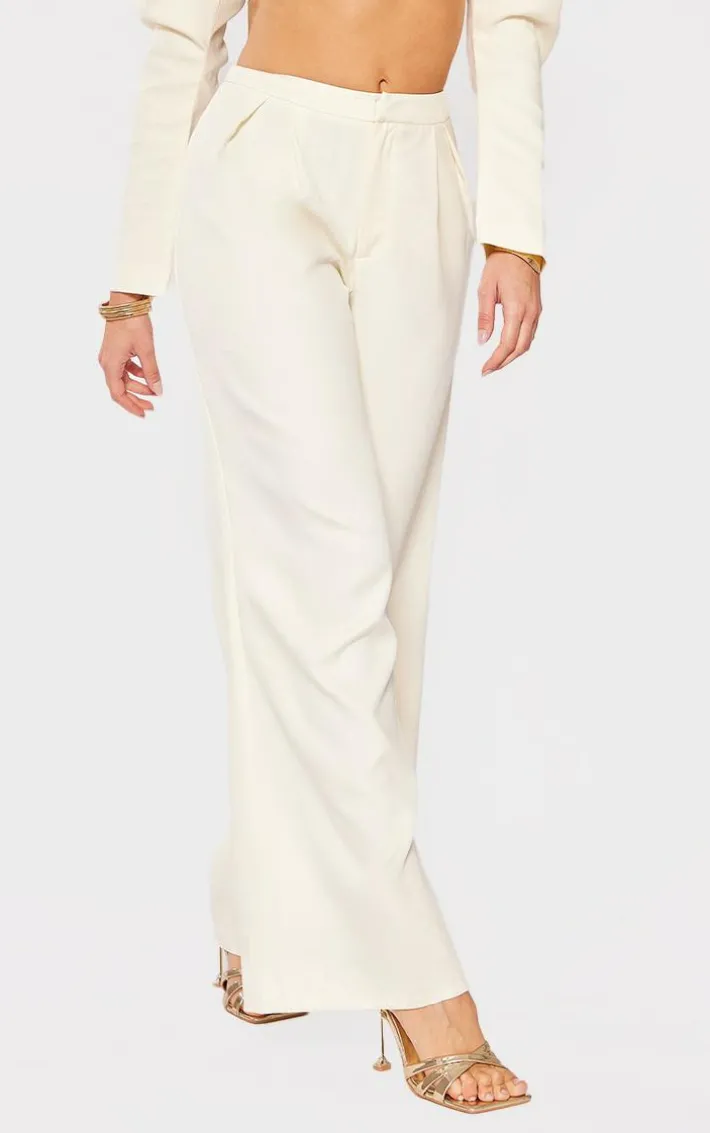Cream Woven Pleated Mid Rise Wide Leg Pants