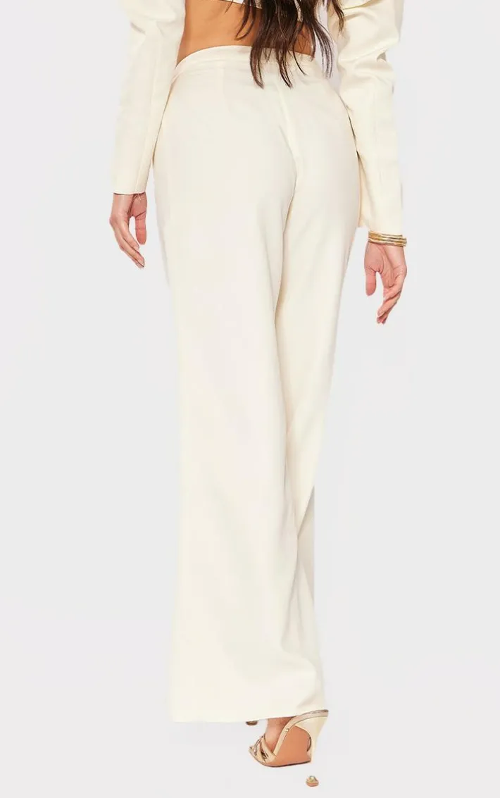 Cream Woven Pleated Mid Rise Wide Leg Pants
