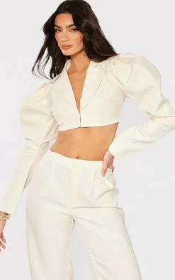 Cream Woven Pleated Mid Rise Wide Leg Pants