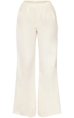 Cream Woven Pleated Mid Rise Wide Leg Pants